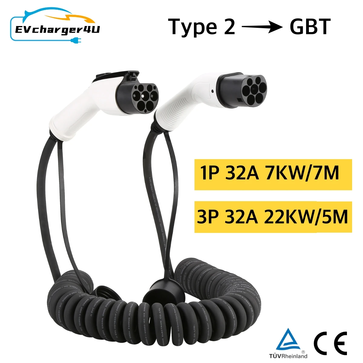 Ev Charger Type 2 22Kw 32A 3 Phase - EVcharger4U 5M/7M Spiral EV Charging Cable