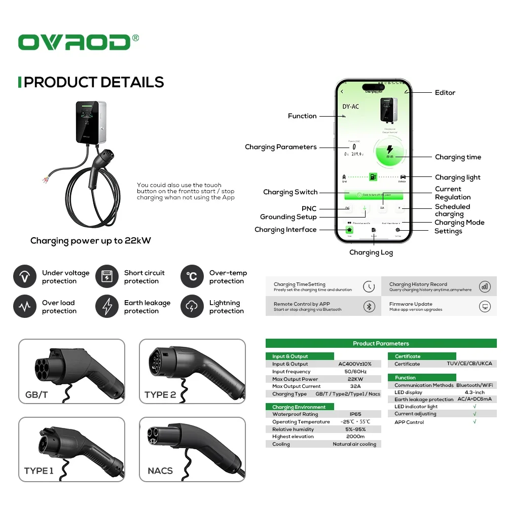Ovrod Factory Evse Ac 7kw 11kw - Ev Charger Type 2 22Kw 32A 3 Phase review and price